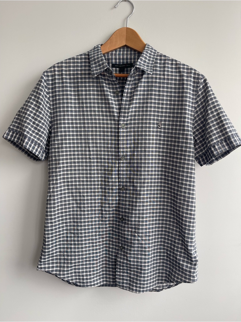 John Varvatos Gray and White Checked Short-Sleeve Button-Down Shirt